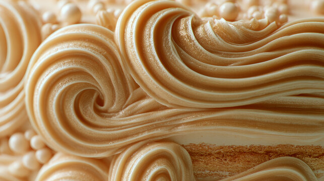 Detailed view of smooth cream swirls on a cake showcasing a delicate and elegant texture