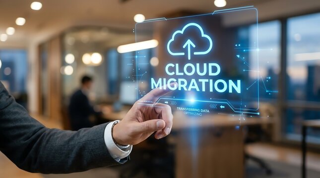 Businessman touching virtual interface screen with cloud migration icon in modern office