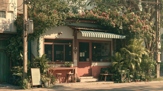 Lovely outdoor caf&eacute; nestled among vibrant flowers and lush greenery in a charming neighborhood setting