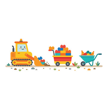 A cute yellow bulldozer, a red cart filled with colorful blocks, and a teal wheelbarrow are in a playful construction scene.