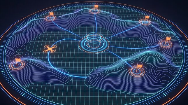 Wide angle geospatial global flight tracking interface with glowing blue topographic mesh contour map, autonomous aircraft navigation vector paths, and tactical target indicators on dark grid