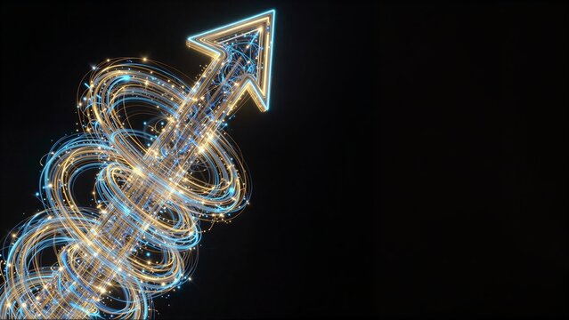 A glowing, intricate arrow composed of light trails against a dark background.