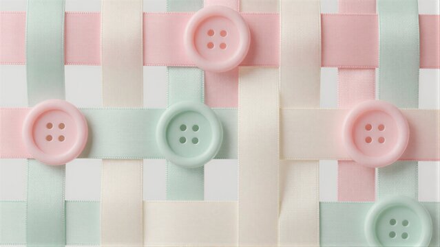 Pastel ribbons woven with matching buttons in soft pink and mint green hues.