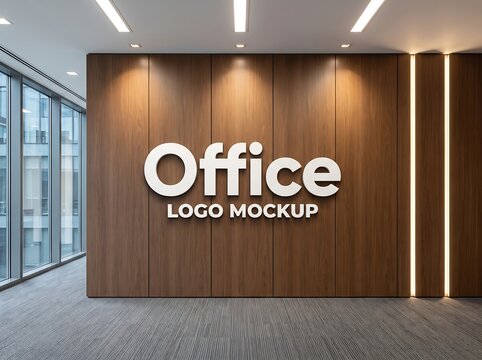 Sleek 3D logo mockup presentation on a sophisticated wooden wall within a modern office reception area, showcasing corporate identity and professional interior design concepts