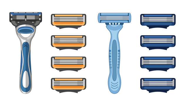  Set of men shaving razors and replaceable blade cartridges vector illustrations for personal care isolated on white background