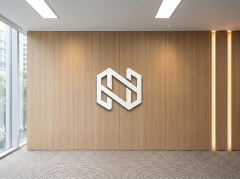Modern corporate office lobby mockup featuring a 3D logo sign on a wooden panel wall
