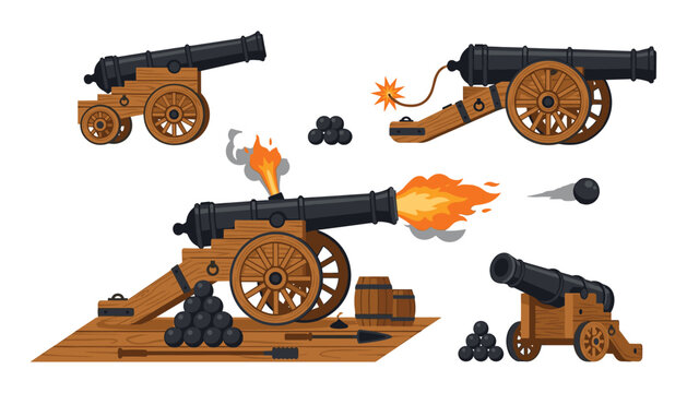 Set of old military cannons firing with flames cannonballs and wooden barrels vector illustrations isolated on white background