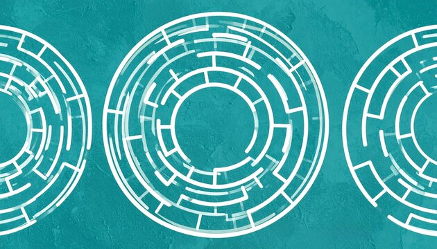 White circular maze puzzle patterns against a teal background representing problem solving and strategy