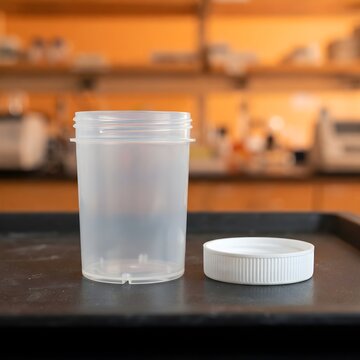 Sterile plastic specimen cup with white screw cap, empty medical laboratory container, translucent urine sample bottle in lab