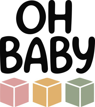 Oh baby text design with colorful pastel toy blocks for baby shower invitations and nursery wall art decor