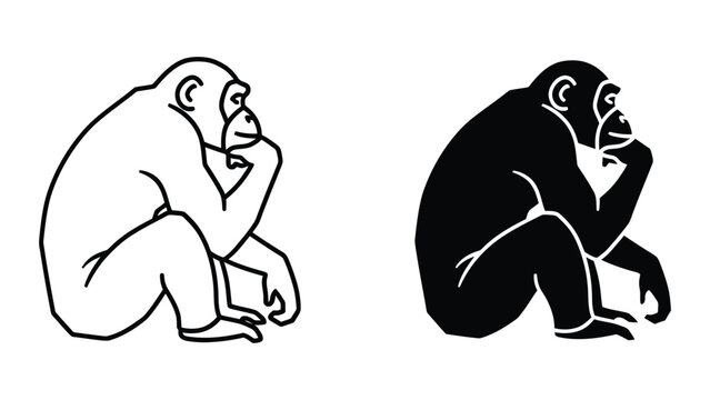 Thinking chimpanzee silhouette icon set in linear and solid styles isolated on transparent background