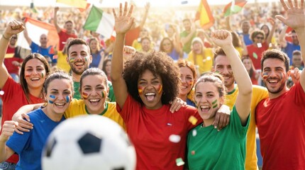 Fototapeta premium Excited multiethnic soccer fans celebrating victory in stadium with football and flags