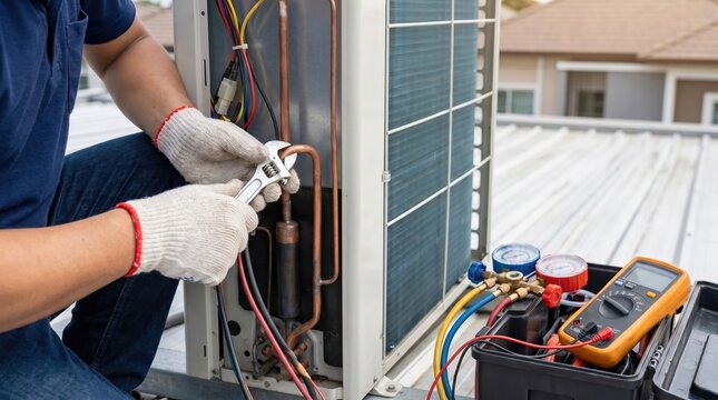Professional technician repairing and servicing an air conditioning unit on a rooftop with tools