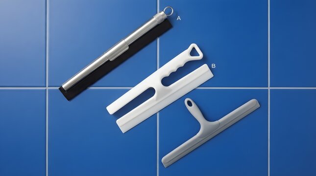 Professional window squeegee collection on blue tile, glass cleaning tools for bathroom and shower, household scraper set