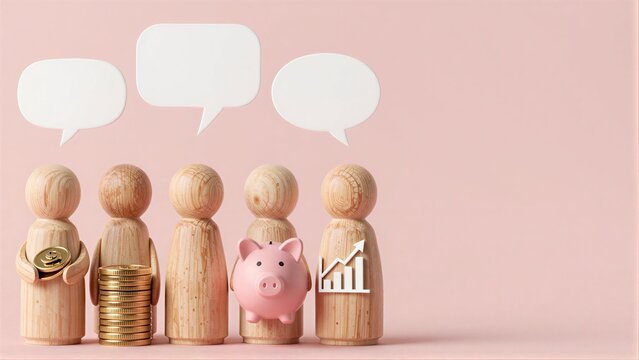 Five wooden figures symbolize financial concepts against a soft pink background.