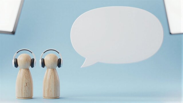Two wooden figures with headphones face a blank speech bubble, suggesting communication.