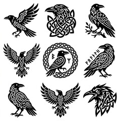 Naklejka premium Collection of Celtic Knot Ravens and Norse Symbols.