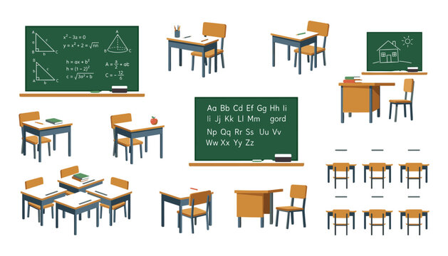 School classroom furniture and green blackboards vector illustration set featuring student desks chairs alphabets formulas isolated on white background.