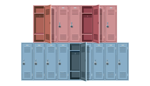 School locker vector illustration set with open and closed metal lockers in blue and pink isolated on white background