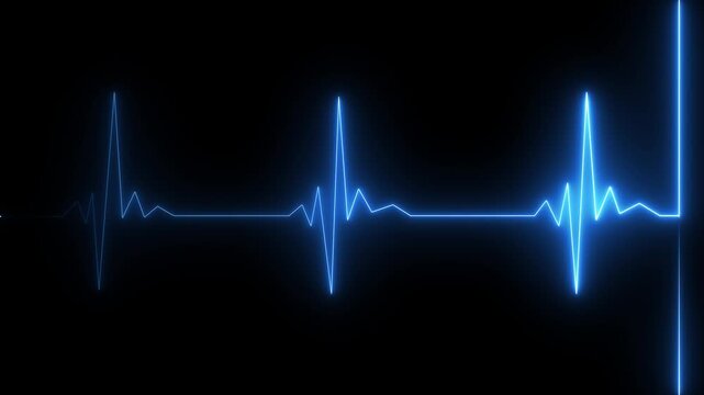 Glowing neon red color heartbeat rate and pulse line with grid, loop motion animate footage. neon heartbeat line animation. ECG Heartbeat Line.electrocardiogram line on a dark grid background heart