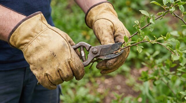 Pruning and trimming bushes with leather gardening gloves and sharp pruners, close up view of landscaping and yard maintenance work