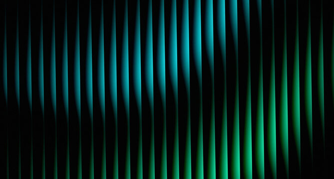Abstract Dark Background with Vertical Wavy Louver Pattern and Cyan Green Gradient