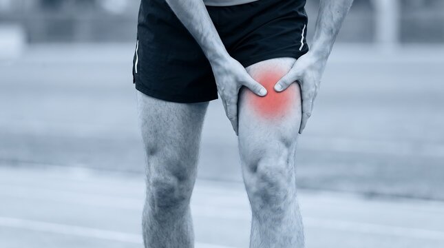 Athlete holding injured thigh showing red muscle pain spot on running track