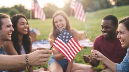 Obraz premium Multiethnic young adult friends celebrating Independence Day outdoors with American flags and sparklers