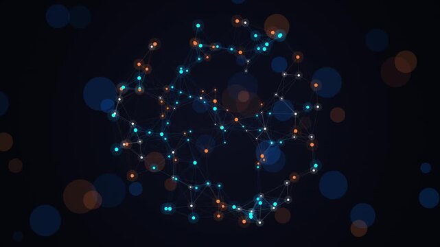 Digital network connection node graph seamless loop motion graphic background interconnected glowing nodes and lines forming a complex digital web structure for technology and communication themes
