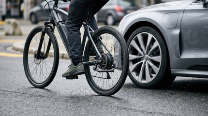 Fototapeta premium Close up of an adult male commuter riding an electric bicycle on city street near a car representing urban transport