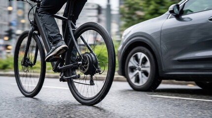 Fototapeta premium Close-up of an electric bicycle commuter riding on a wet city street next to a car