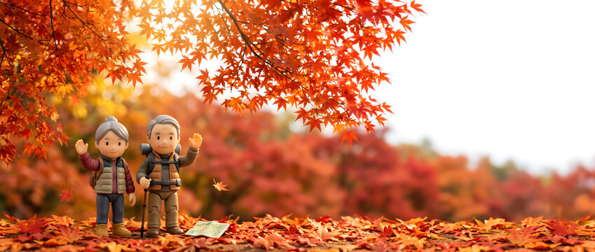 紅葉の山をハイキングするシニア夫婦の3Dイラスト
