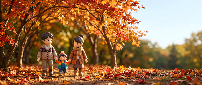 紅葉のトンネルを散歩する家族の3Dイラスト
