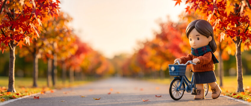 紅葉の並木道を自転車を押して歩く女性の3Dイラスト
