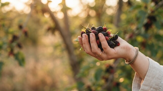 Fresh mulberries harvested in hand by a woman in orchard for organic farming and healthy eating concept