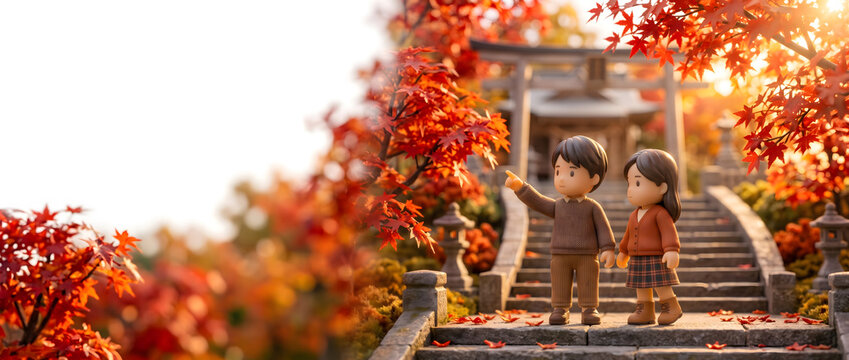 参道の石段で紅葉を楽しむカップルの3Dイラスト
