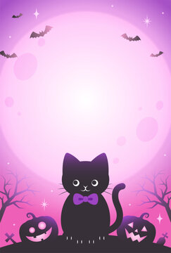 cute halloween vector background with a black cat, pumpkins and moon