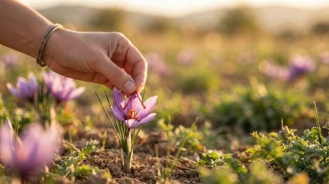 Woman harvesting saffron threads from a purple crocus flower in a field, representing spice production and organic farming