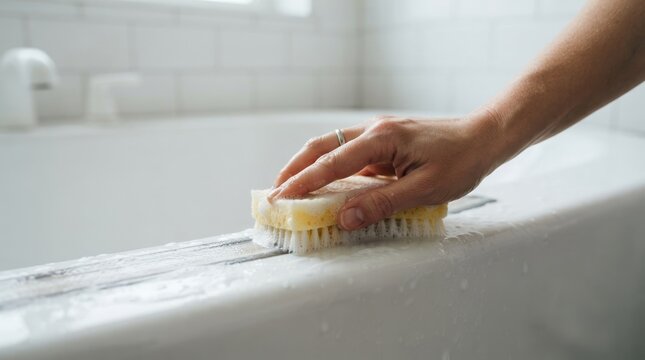 Woman scrubbing a white bathtub with a sponge brush in a modern bathroom representing home cleaning