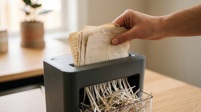Person shredding old handwritten documents and letters in a compact paper shredder on a wooden desk