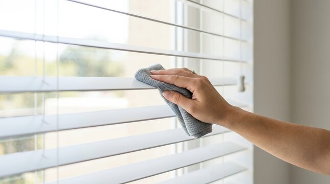 Woman cleaning white window blinds with a microfiber cloth at home