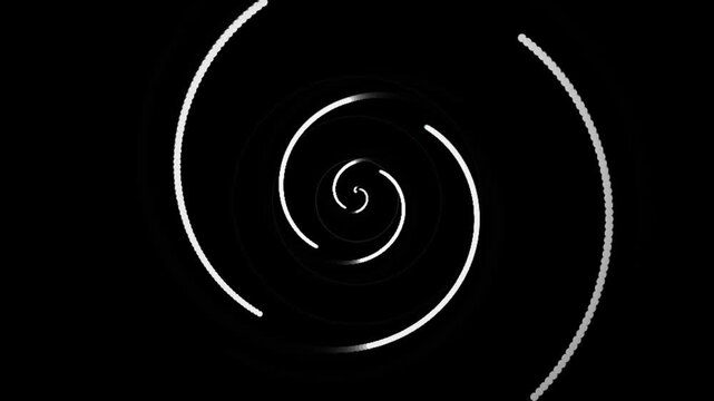 Abstract rotating white spiral tunnel loop motion background template for digital presentations seamless of a minimalist glowing dotted vortex against a dark background, ideal for graphics and video