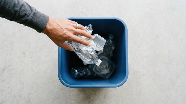 Person throwing plastic bottles into a blue recycling bin, representing environmental sustainability and green practices
