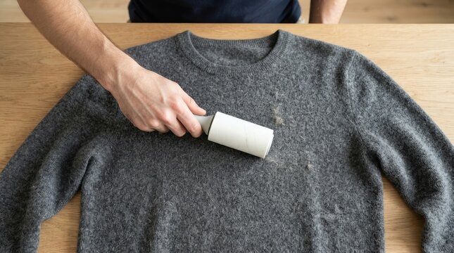Man using a lint roller to remove hair and fuzz from a grey wool sweater on a wooden table