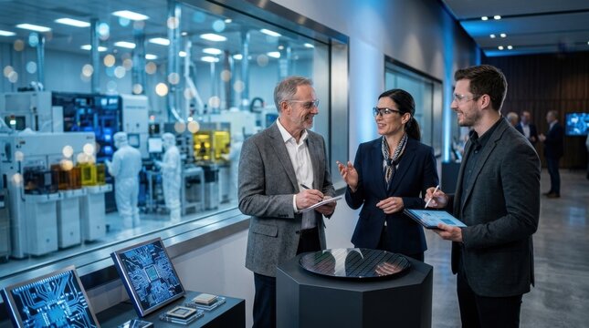 Industry analysts discussing silicon wafer capacity, advanced packaging, EUV lithography, and chiplet architecture in a modern conference hall.