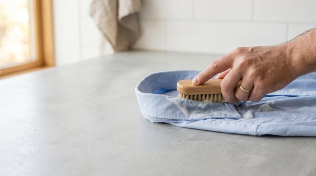 Man scrubbing stain on light blue shirt collar with wooden brush during laundry care at home