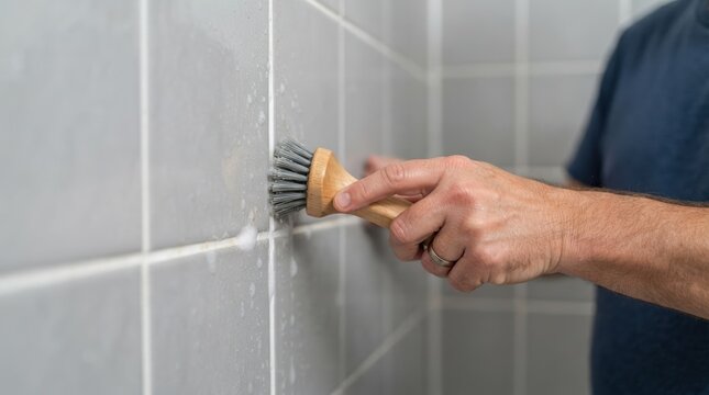 Man scrubbing bathroom tile grout with a wooden brush to clean and maintain the shower walls in a home interior