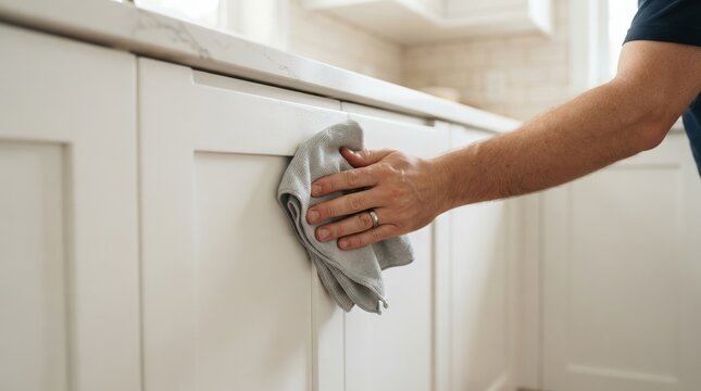 Man cleaning white kitchen cabinets with microfiber cloth, household chores and interior maintenance