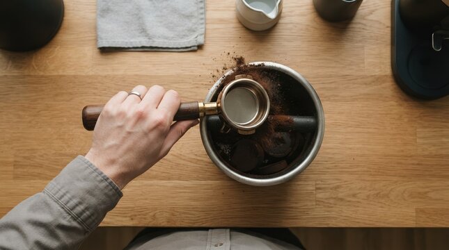 Top view of a Caucasian man making espresso coffee holding a portafilter over a knock box on a wooden kitchen counter