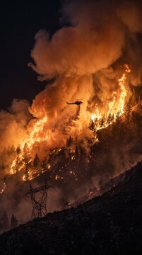 A dramatic scene unfolds as a helicopter battles a raging forest fire, dropping water onto the intense flames engulfing a hillside under the dark night sky.
